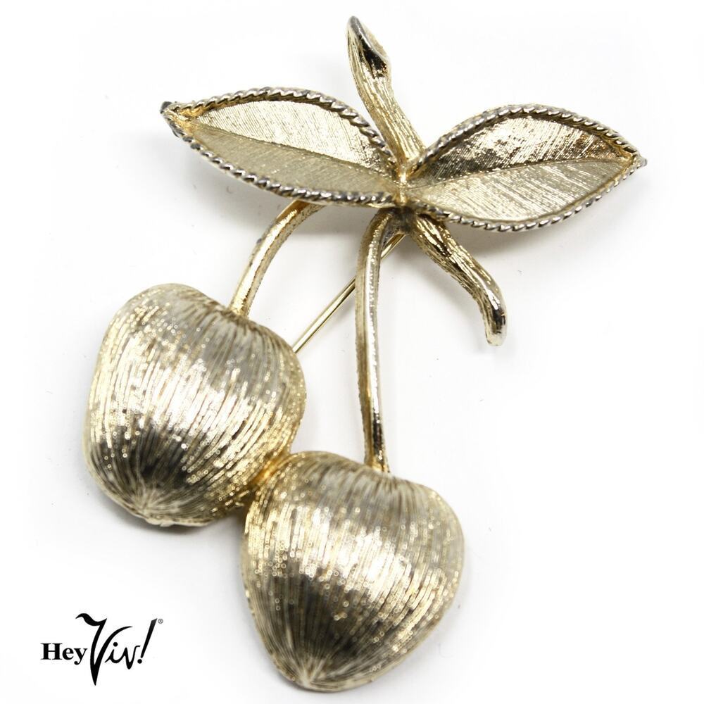 Vintage Sarah Coventry Cherry Pin Brooch Signed Fruit 3D Textured Gold - Hey Viv